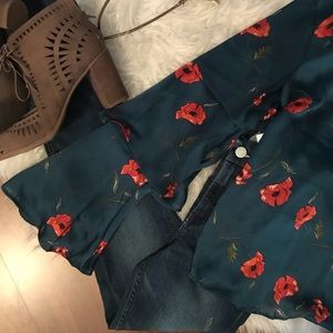 Flowery bell sleeve silk blouse